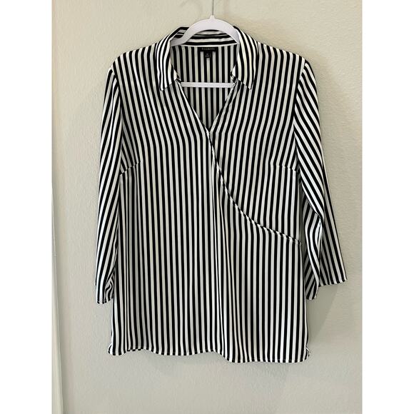 Talbots Tops - Talbots Black White Stripe Faux Wrap Blouse Collar Shirt 3/4 Sleeve Size M